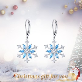 EVER FAITH Snowflake Jewerly Sterling Silver Winter Accessory Sparkle Sky Blue CZ Flower Leverback Earrings for Women