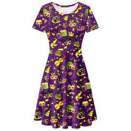 Womens Mardi Gras Midi Dress Masquerade Mask Carnival Swing Dress Purple Gold Print Tunic Dresses 2XL