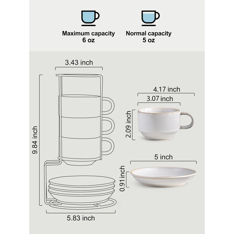 Gomakren 6 Ounce Cappuccino Cups with Saucers and Metal Stand,
