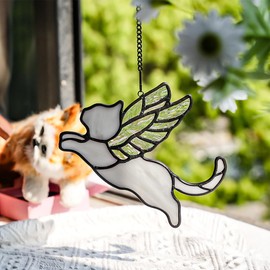 BOXCASA Iridescent Angel Wing Gray Cat Decor Stained Glass Suncatcher,Grey Cat Lover Memorial Gifts for Women,Stained Glass Window Hangings,Loss of Pet Sympathy Gift