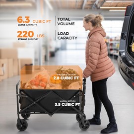 Collapsible Wagon 220 lbs, Heavy Duty Wagon Carts Foldable, Portable Wagons for Groceries, Beach Cart with All-Terrain Wheels & Drink Holders, Utility Wagon for Shopping, Sports, Camping, Black