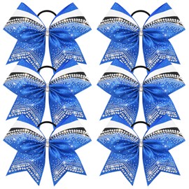 DEEKA 6 PCS 7" Large Glitter Cheer Bows Three Colored Stiff Rhinestone Cheer Hair Bows Elastic Band Competition Bows for Cheerleader Softball Team Girls Sports -Royal Blue/Black/White