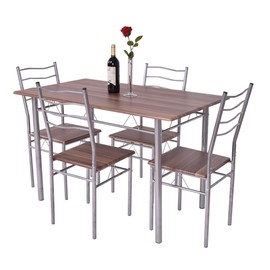 Giantex Modern 5 Piece Dining Table Set for 4 Chairs Wood Metal Kitchen Breakfast Furniture (Shallow Walnut)