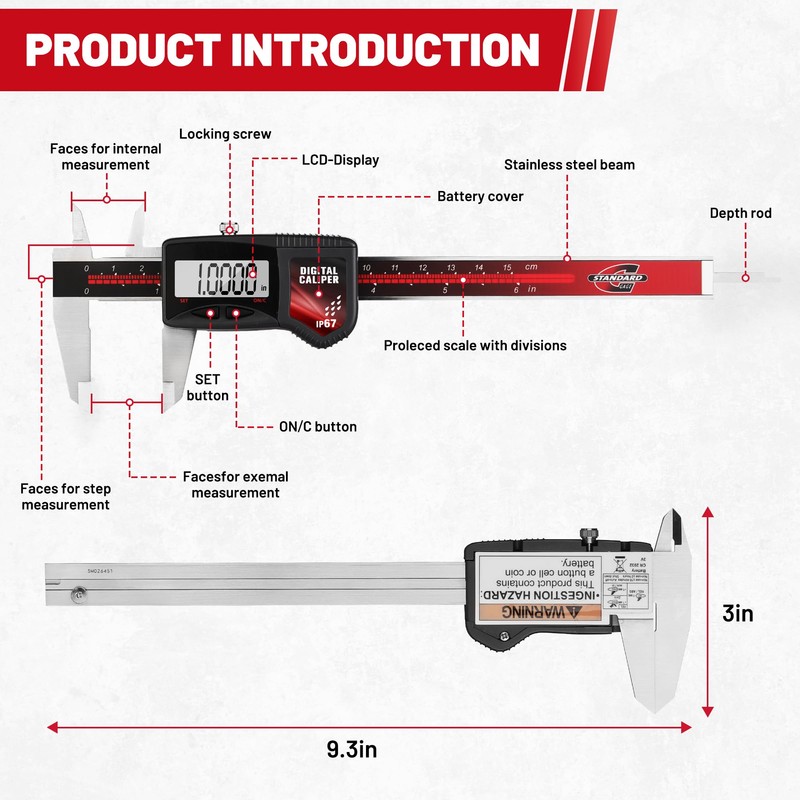 Standard Gage IP67 Digital Caliper Measuring Tool 0-6" Range, ±0.001"