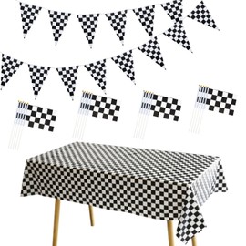 Racing Car Party Decorations Birthday Theme Party Supply Set Black and White Checkered Banner 10M Triangle Bunting+20pcs 14*21cm Hand Waving Flag with Stick+137*274cm Tablecloth For Boys Girls