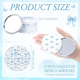24 Pcs Coquette Bow Party Favors 12 Canvas Makeup Bags 12 Coquette Aesthetic Compact Mirror Zipper Pouch Round Pocket Mirrors for Women Guests Quinceanera Party Favors (Blue,Elegant Style)