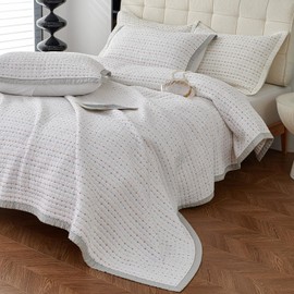 vctops Cotton Quilted Bedspread Quilt Set with 2 Pillow Shams Queen Size Stripe Embroidery Comforter Set Farmhouse Rustic Soft Lightweight Coverlet Bedding Set (White,Queen)