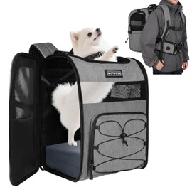 Hiking Dog Carrier Backpack, Padded Height-Enhancing Design, Adjustable Waist Cushioning Belt with Breathable Padded Back Support, Dog Carrier Backpack for Small Dogs Max 13LB Grey with Pad