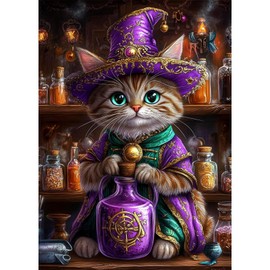 QENSPE Diamond Art Kits for Adults, DIY Diamond Painting Alchemist Cat, Round Full Drill, 5D Fantasy Diamonds Dots Mosaic Painting, Gem Arts Craft for Home Wall Decor Gifts, 30x40cm