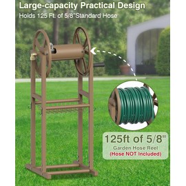 Mokeyder Freestanding Garden Hose Reel holds 125ft Hose of 5/8" with 4 Hooks, 4-Spike Outdoor Hose Holder with 3.9ft Leader Hose & Brass Fitting, Detachable Metal Hose Stand with Storage Rack, Brown