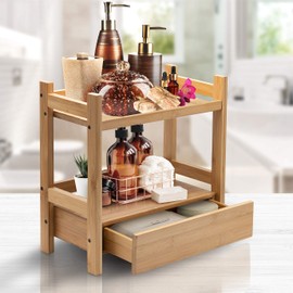 Sorbus Bamboo Bathroom Counter Organizer – 2-Tier Shelf with Hidden Drawer for Vanity, Matcha Station, Bathroom Sink Organizer Countertop, Kitchen & Office Storage (13″ L x 6.5″ W x 12.6″ H)