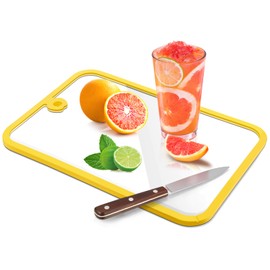 Glass Cutting Board,Glass Cutting Boards for Kitchen Counter,Clear Tempered Chopping Board Set with Non-Slip Silicone Edge,Hanging Hole,Dishwasher Safe,Heat Proof,Shatter Proof (Yellow)