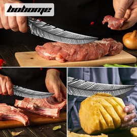 BOBOME Japan Knife Feather Knife Hand Forged Viking Knife High Carbon Steel 8.3 Inches Blade Length - Wooden