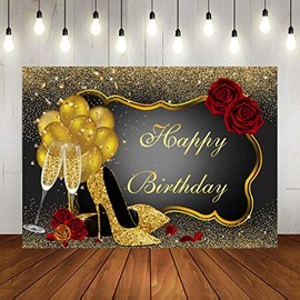 Glitter Gold Happy Birthday Backdrop Red Rose Floral Golden Balloons Heels Champagne Glass Background for Women Birthday Party Decorations Birthday Party Supplies 7x5ft Vinyl