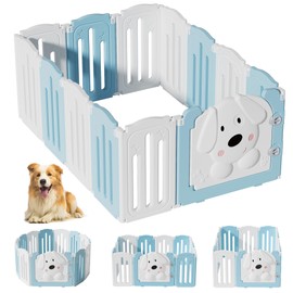 Aoole Foldable Dog Play Pen Indoors, Non-Slip Sturdy Puppy Playpen with Door, 25.5" H 12-Panel Adjustable Shape Dog Fence Pen for Small/Medium Dogs, Thickened, Easy to Store, White+Blue