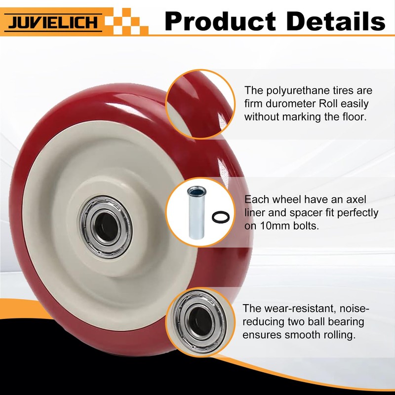 Juvielich 4Pcs 2.5 Inch Push Cart Wheels, Red PU Caster