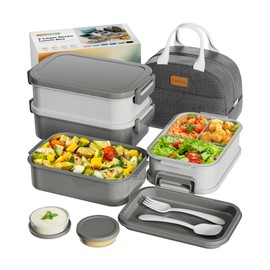 Adults Bento Box with Insulated Lunch Bag, 74oz Capacity 3 Stackable Leak-Proof Bento Box Built-In Utensil and Sauce, PFAS & BPA-Free, Microwave & Dishwasher Safe (Dusk Gray)