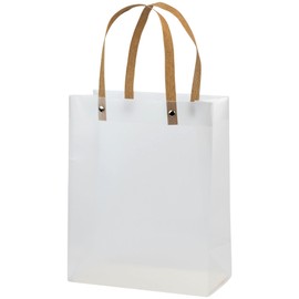 Hammont Clear Frosted Gift Bags - 10 Pack - Plastic Reusable Bags with Brown Straw Handle - 9.75”X7.75”X4”- Baby Shower, Wedding Gift Bags for Hotel Guests - Clear Party Favor Bag