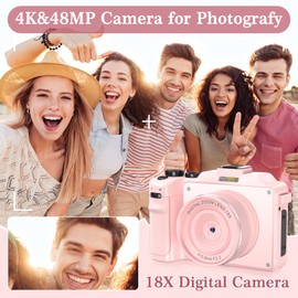 4K Digital Cameras for Photography,48MP WiFi Vlogging Camera for YouTube,Multi-Filters Point and Shoot Camera,18X Zoom,Auto Focus,Anti-Shake Video Camera,Travel Compact Camera for Beginners-Pink