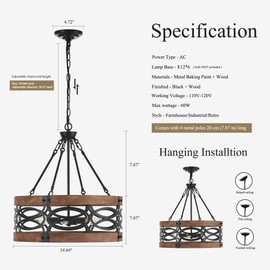 Faibra 6-Light Farmhouse Drum Wood Pendant Light,19.7'' Vintage Rustic Brown Oak Wood Chandeliers,Retro Industrial Hanging Light Fixtures for Dining Room Entryway, Bedroom