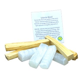 Selenite Crystal Wands & Palo Santo Incense Wood Beginners Cleansing Pack - FREE Chakra Gemstone Crystals Gift Included!