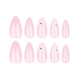 SINHOT Medium Press on Nails Almond Fake Nails Glossy Glue on Nails Pink Acrylic Nails Stiletto Artificial Nails Snowflake Stick on False Nails with Design 24 pcs