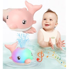 Bath Toys, Rechargeable Baby Bath Toys, Dolphin Spray Water Light Up Baby Musical Toys, Double Waterproof Sprinkler Bathtub Toys, Gift for 1 2 3 4 Years Old Boys Girls Infant Kids Toddlers - Pink