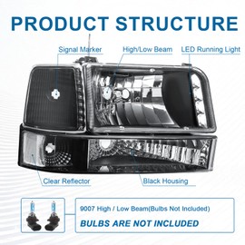 Fullux LED Headlights w/LED Bar for Ford F150 F250 F350 Bronco 1992 1993 1994 1995 1996 Clear Reflector Black Housing Left Right Replacement DRL Headlamp