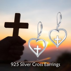 SHEAISRS Heart Dangle Drop Earrings for Women Sterling Silver Cross Jewelry Love Heart Leverback Earrings
