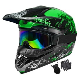 Dirt Bike Helmets Youth Motocross, Motorcycle, BMX, ATV, Off-Road, Four Wheeler, Adult Moutain Bike Helmets Dot Approved (Goggles Gloves Faceshield) (Green, Large)