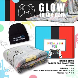 Glow in The Dark Blanket Gamer Controller Throw Blanket, Gaming Gifts Toys for Boys Kids Teen Men Son, Gaming Blanket Cap Gamepad Presents Game Decor Blankets for Bedroom Birthday Christmas 50"x60"