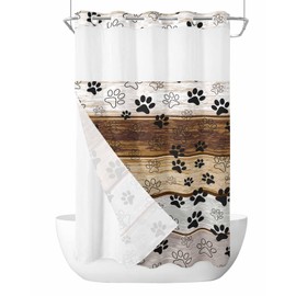 No Hook Shower Curtains with Snap in Liner, Beige Brown Dog Paw Prints Waterproof Fabric Shower Curtain, Country Farmhouse Wooden Double Layers & See-Through Top Window Bathroom Curtains 36''x78''
