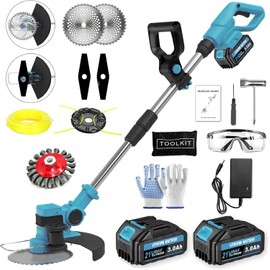 4-in-1 Cordless Electric Weed Wacker, 2 Pack 21V 3.0Ah Batteries & 4 Replaceable Cutting Blades, Grass Weed Eater Brush Cutter for Lawn Yard Garden Maintenance