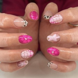 French Tip Press on Nails Medium Almond MABKJLF Fake Nails Pink False Nails with Floral Stars Leopard Print Pearls Designs Full Cover Glossy Glue on Nail for Women Girls 24Pcs
