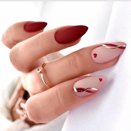 Valentine's Day Press on Nails Medium Length Almond Red Heart Fake Nails with Gold Lines Wave Design French Tip Stick on Nails Acrylic Glue on Artificial Nails False Nails for Women 24 Pcs