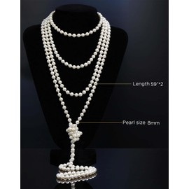 Coucoland 1920s Flapper Necklace Vintage Faux Pearl Necklace Roaring 20s Gatsby Long Pearl Necklace Accessories(1.5m+1.5m/White)