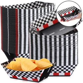 Havawish 100 Pcs Racing Paper Food Trays Checkered Nacho Trays Disposable Racing Party Food Boat Black and White Plaid Food Serving Tray for Racing Theme Party Birthday Baby Shower Popcorn Snack