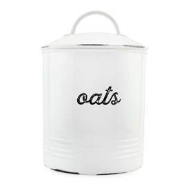 AuldHome Design Farmhouse Enamelware Oatmeal Canister (White); Rustic Distressed Style Oats Storage for Kitchen