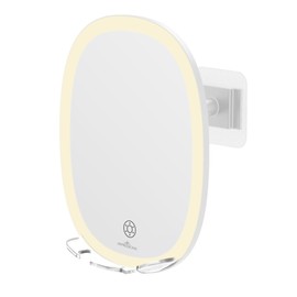 Impressions Vanity Fogless LED Shaving Mirror for Men, Scaped Tri Tone Power Operated 360 Degree Swivel Travel Mirror with Adhesive, Adjustable Shower Mirror with Razor Holder (White)