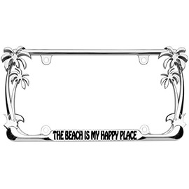 The Beach is My Happy Place Palm Tree Design Chrome Metal Auto License Plate Frame Car Tag Holder (Chrome/Black)