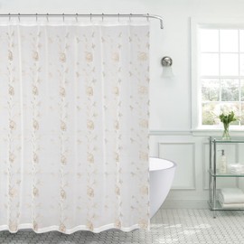 SERAFINA Decorative Sheer Fabric Shower Curtain: Two Toned Beige with Gold Embroidered Flowers and Metallic Threading (Beige/Gold)