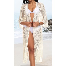 Lace Kimono for Women Sheer Beach Coverups Long Bathing Suit Cover up Summer Cardigans(Apricot)