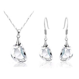 RIZILIA Jewelry Set Clear Pea Shape Pendant with 18" Chain & Drop Dangle Earrings Special Cut Austrian Crystal [Simulated White Topaz] in White Gold Plated, Simple Modern Elegant