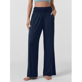 ODODOS Women's Wide Leg Palazzo Lounge Pants with Pockets Light Weight Loose Comfy Casual Pajama Pants-28 inseam, Navy, Medium