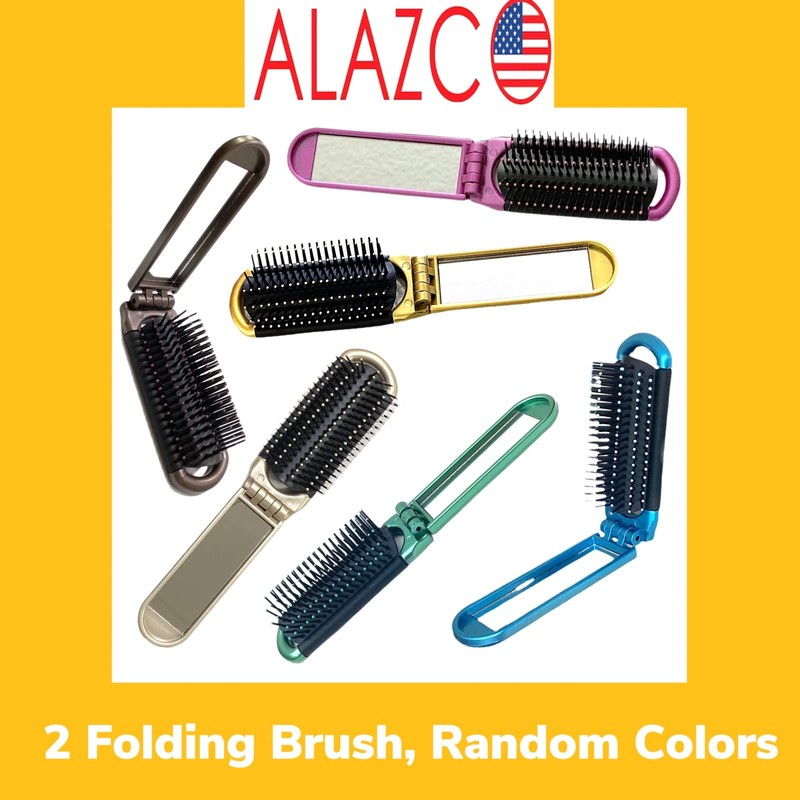 ALAZCO 2 Assorted Colors Folding Hair Brush With Mirror Compact