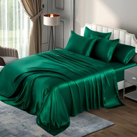 P Pothuiny 6 Pieces Queen Satin Sheets Luxury Silky Blackish Green Satin Bedding Sheet Set, 1 Deep Pocket Fitted Sheet + 1 Flat Sheet + 4 Pillow Cases