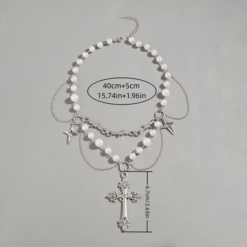 Glowjoy Crystal Cross Pearl Halskette, Statement-Halskette mit gotischem Kreuz und