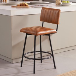 MILCIL Swivel Counter Height Barstool with Back, Upholstered 26'' Counter Stool with Metal Frame, Channel Seat Back, Faux Leather Cognac
