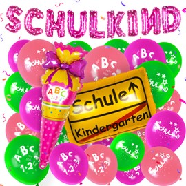 Einschulung Schuleinführung Schulanfang Deko Set für Mädchen,Rosa Einschulung Deko SCHULKIND Rosa Banner + Zuckertüte Luftballons ABC 123 + Schulanfang Folienballon Einschulung deko für Mädchen