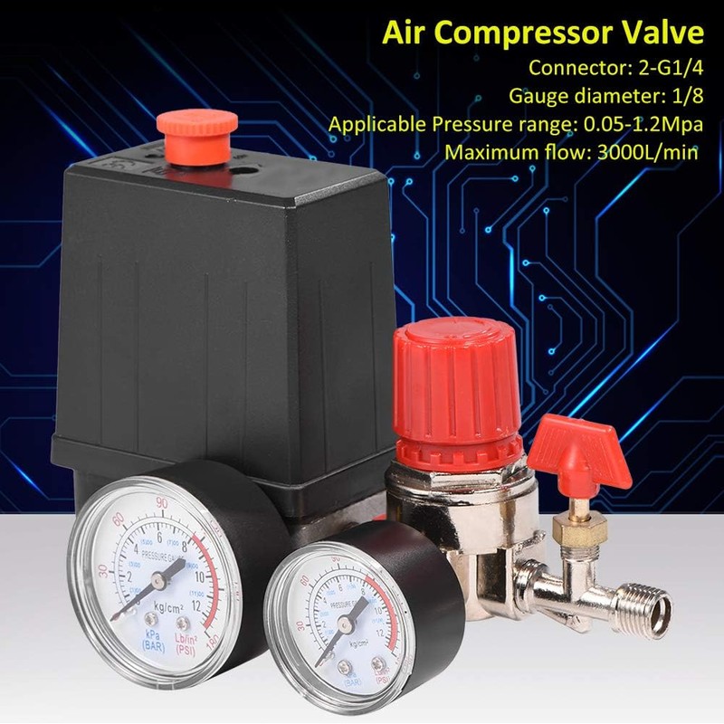 Air Compressor Pressure Valve Switch, 2-G1/4 Connector 0.05-1.2Mpa Air Compressor